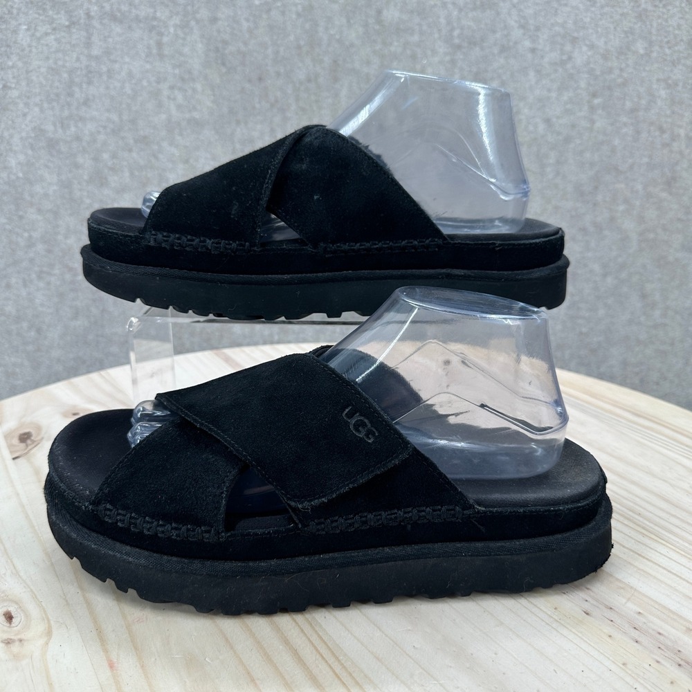 UGG GoldenGlow Sandals Womens 8.5 Black Suede Crisscross Platform Slide 1137910